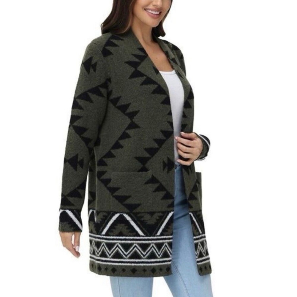 FRYE‎ Geometric Aztec Print Open Front Long Sleeve Cardigan Olive Size XL